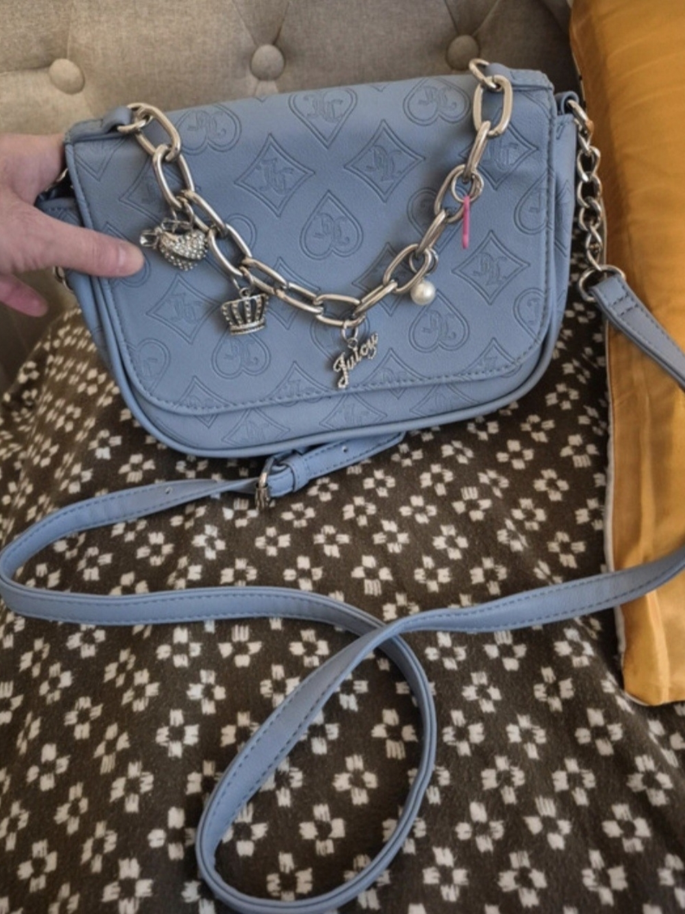 Juicy Couture Light Blue Embossed Leather Crossbody with Charm Chain